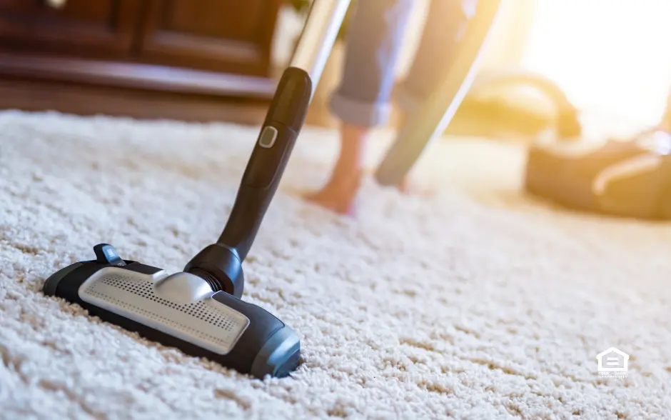 Woman with vacuum cleaning carpet in rental property